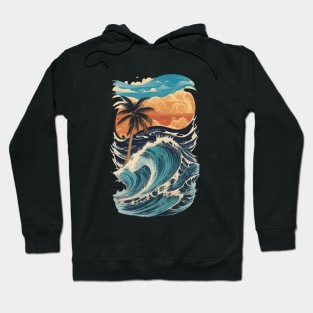 waves palm tree beautiful sunset beach graphic Hoodie